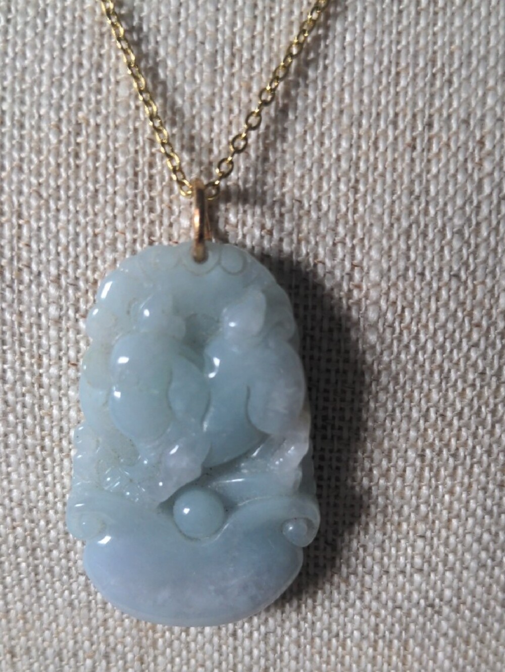 New Jadeite Jade Carved Pendant Necklace, Adj. Goldtone Chain